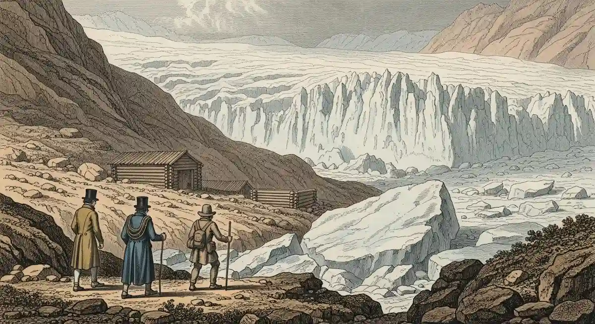Travelers approaching the glacier in Chamonix around 1820
