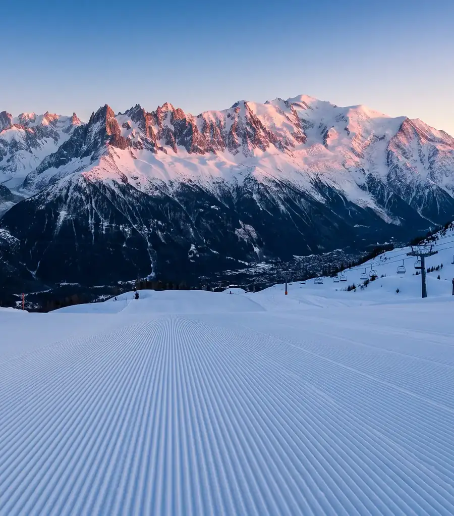 Groomed piste at first light, facing the Aiguilles de Chamonix and Mont Blanc