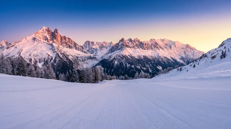 Groomed piste at first light, facing the Aiguilles de Chamonix and Mont Blanc