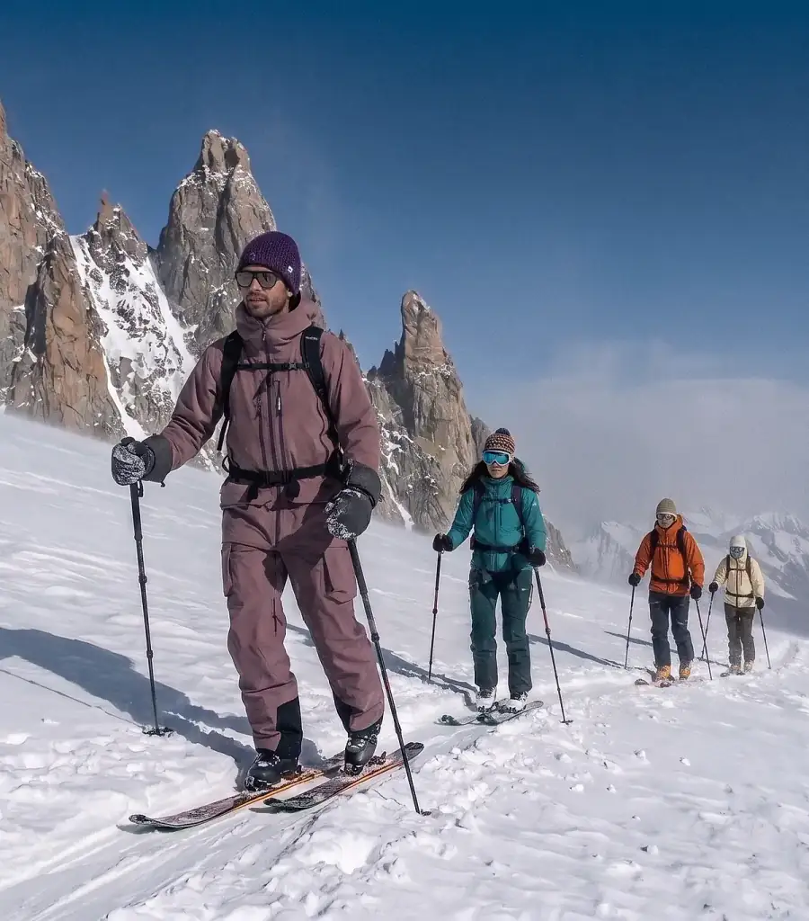 Ski touring group skinning uphill in front of the Chamonix peaks
