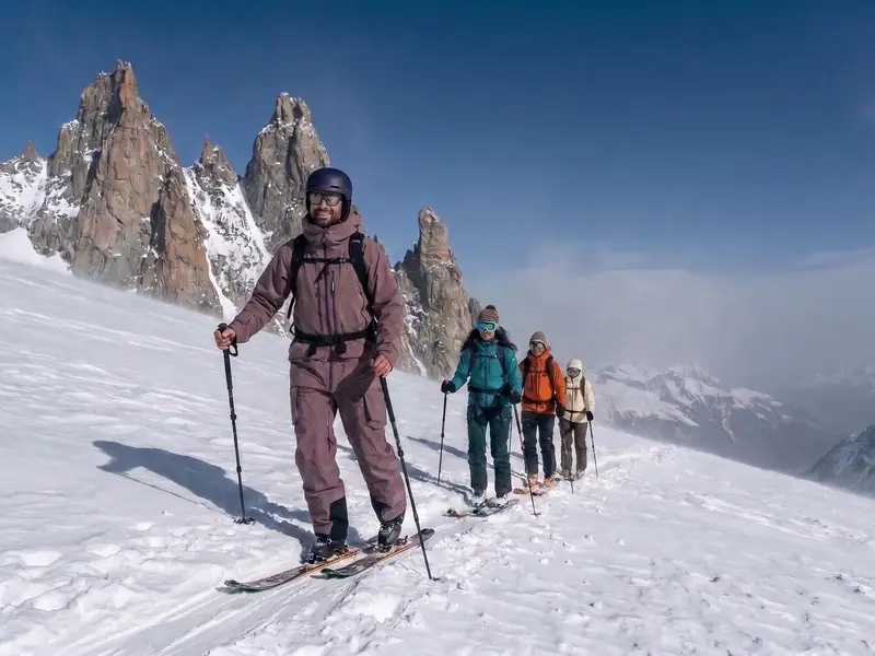 Ski touring group skinning uphill in front of the Chamonix peaks